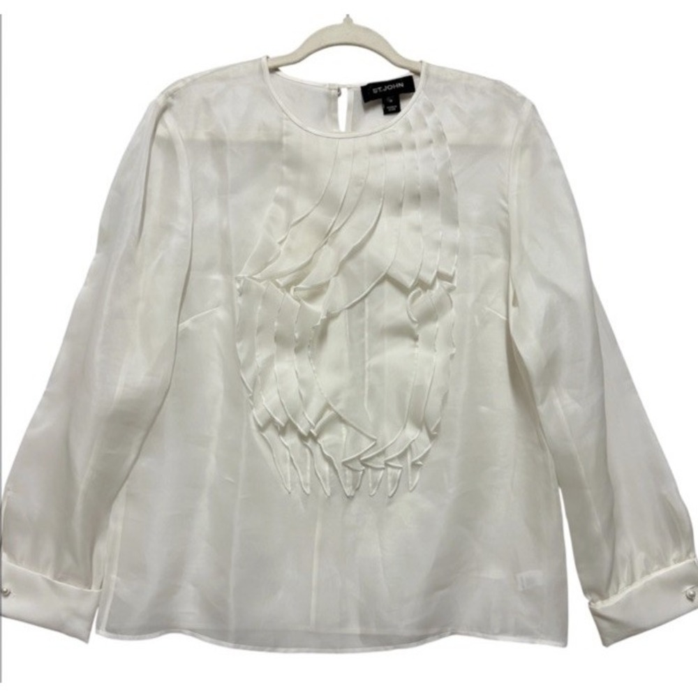 St. John Silk Blouse Womens 10 Ivory Ruffle Pleated Sheer Long Sleeve Luxury